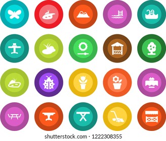 Round color solid flat icon set - flower in pot vector, lawn mower, butterfly, lady bug, pond, picnic table, brightness, pool, fruit tree, mountains, restaurant, alcove