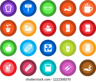 Round color solid flat icon set - hot cup vector, seedling, plant label, fridge, drink, phyto bar, salad, bacon, bread, kebab, dog, apple fruit, fan, palm sproute