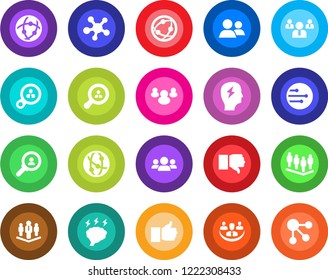 Round color solid flat icon set - team vector, brainstorm, network, share, group, finger up, down, company, client search, consumer, social media