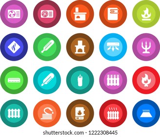 Round color solid flat icon set - fire vector, hose, fireplace, thermometer, heater, air conditioner, candle, water, smoke detector, radiator, warm floor