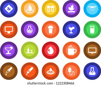 Round color solid flat icon set - hot cup vector, water drop, dropper, flammable, monitor, alcohol, drink, cocktail, filter, sprinkler, flask