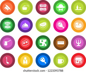 Round color solid flat icon set - coffee vector, waiter, dish, alcohol, reserved, salad, candle, dress code, open close, steak, ham, ladle, rolling pin, steaming pan, turkish, omelette, cheese
