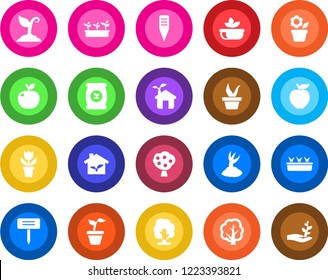 Round color solid flat icon set - flower in pot vector, seedling, tree, sproute, plant label, fertilizer, fruit, salad, apple, eco house, palm
