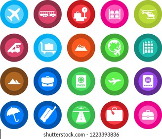 Round color solid flat icon set - runway vector, suitcase, baggage trolley, airport bus, umbrella, passport, ladder car, helicopter, seat map, luggage storage, scales, plane globe, mountains, case