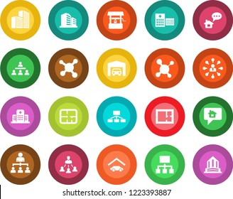 Round color solid flat icon set - hierarchy vector, well, molecule, hospital, office building, garage, plan, home message