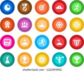 Round color solid flat icon set - dispatcher vector, pedestal, pennant, medal, run, stopwatch, target, motivation, award cup