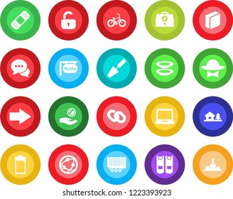 Round color solid flat icon set - right arrow vector, book, trowel, doctor case, patch, bike, truck trailer, network, dialog, laptop pc, chain, battery, blank box, house with tree, rooms, lock