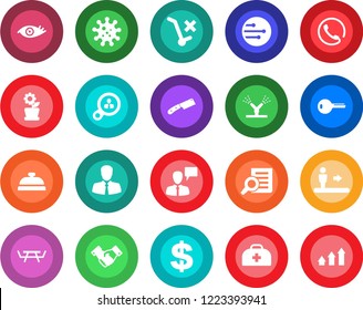 Round color solid flat icon set - escalator vector, handshake, speaking man, dollar sign, document search, picnic table, doctor case, eye, virus, client, no trolley, network, key, flower in pot