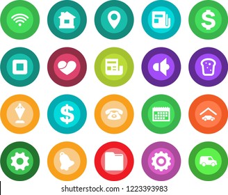 Round color solid flat icon set - gear vector, dollar sign, pennant, house, pin, news, speaker, heart, stop button, settings, bell, folder, calendar, garage, wireless, phone, bread, car
