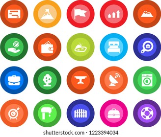 Round color solid flat icon set - satellite antenna vector, pond, water supply, fruit tree, mountains, fence, estate search, bedroom, table, washer, target, arrow up graph, motivation, wallet, flag