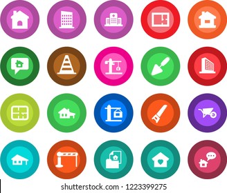 Round color solid flat icon set - barrier vector, border cone, office building, trowel, wheelbarrow, saw, house, hospital, with garage, plan, estate document, sweet home, city, crane, message