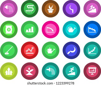 Round color solid flat icon set - seedling vector, watering can, hoe, sickle, fertilizer, drip irrigation, bar graph, point, career ladder, arrow up, growth, crisis, presentation