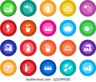 Round color solid flat icon set - factory vector, flower in pot, seedling, watering can, pruner, pumpkin, greenhouse, seeds, garden sprayer, tulip