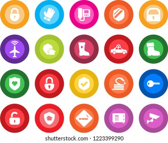 Round color solid flat icon set - plane radar vector, smoking place, alarm car, safe, lock, glove, boot, hose, heart shield, key, intercome, home protect, surveillance
