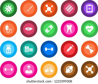 Round color solid flat icon set - heart pulse vector, molecule, syringe, dropper, pills bottle, blister, scalpel, patch, barbell, bike, tooth, eye, joint, broken bone, clipboard, hospital, doctor