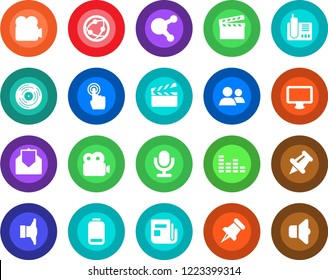 Round color solid flat icon set - clapboard vector, vinyl, news, speaker, equalizer, video camera, microphone, network, touch screen, monitor, radio phone, share, group, paper pin, low battery, mail