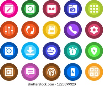 Round color solid flat icon set - call vector, menu, message, update, mobile camera, protect, settings, tuning, alarm, record, scanner, sd, network, notes, download, fingerprint id, photo gallery