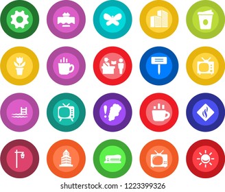 Round color solid flat icon set - passport control vector, coffee, flower in pot, butterfly, plant label, garden light, tv, settings, office building, stapler, pool, restaurant table, smoke detector