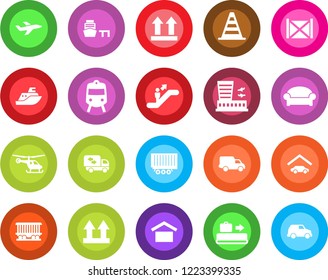 Round color solid flat icon set - baggage conveyor vector, train, escalator, waiting area, border cone, helicopter, airport building, railroad, plane, sea shipping, truck trailer, car delivery, port