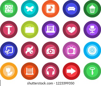 Round color solid flat icon set - right arrow vector, case, abacus, tie, stamp, butterfly, garden light, satellite, tulip, radio, tv, headphones, heart, cut, music, office chair, cushioned furniture