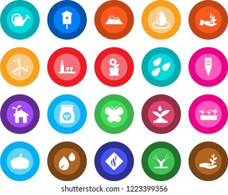 Round color solid flat icon set - watering can vector, butterfly, seedling, water drop, plant label, pumpkin, seeds, bird house, fertilizer, windmill, mountains, flower in pot, alcohol, eco