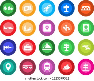 Round color solid flat icon set - taxi vector, airport bus, train, ticket, reception bell, passport, baggage larry, boarding, plane, helicopter, case, route, signpost, pin, sea shipping, place tag