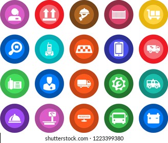Round color solid flat icon set - taxi vector, airport bus, mobile phone, ambulance car, doctor, office, cargo container, delivery, up side sign, heavy scales, search, root setup, support, moving