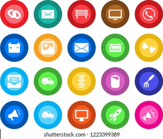 Round color solid flat icon set - mail vector, garden fork, bench, broken bone, traffic light, monitor, chain, gallery, battery, rooms, phone, rocket, car, advertising