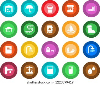 Round color solid flat icon set - shower vector, bucket, boot, water drop, well, drip irrigation, sea shipping, port, umbrella, pool, warehouse, bathroom, drink, heater