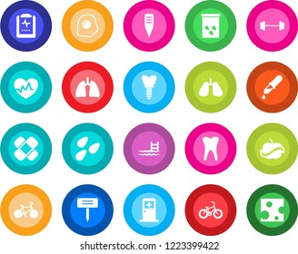 Round color solid flat icon set - medical room vector, plant label, seeds, heart pulse, dropper, patch, barbell, bike, lungs, tooth, implant, clipboard, diet, pool, omelette, cheese