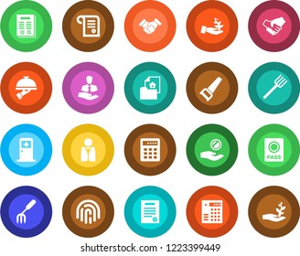 Round color solid flat icon set - passport vector, medical room, garden fork, farm, saw, client, fingerprint id, handshake, contract, estate document, waiter, combination lock, palm sproute