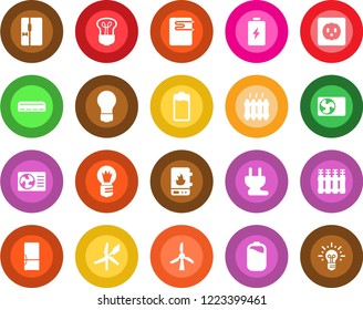 Round color solid flat icon set - bulb vector, battery, heater, air conditioner, fridge, socket, power plug, water, radiator, windmill, idea