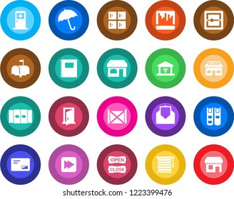 Round color solid flat icon set - automatic door vector, umbrella, shop, medical room, checkroom, store, container, mail, fast forward, scanner, copybook, book, mailbox, open close, jalousie