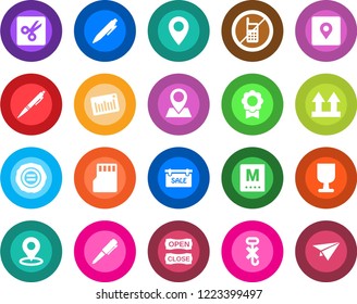 Round color solid flat icon set - no mobile vector, pen, stamp, pin, fragile, up side sign, hook, barcode, sd, cut, place tag, sertificate, sale, menu, open close, paper plane