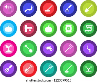 Round color solid flat icon set - job vector, garden fork, shovel, farm, rake, wheelbarrow, watering, sproute, hoe, sickle, pumpkin, fertilizer, drip irrigation
