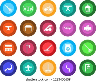 Round color solid flat icon set - cafe vector, ladder car, rake, sickle, garden light, picnic table, fertilizer, bike, restaurant, alcove, outdoor lamp