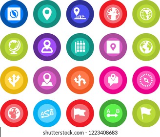 Round color solid flat icon set - globe vector, seat map, route, navigation, earth, pin, mobile tracking, place tag, compass, flag