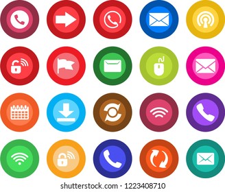 Round color solid flat icon set - phone vector, right arrow, mail, mouse, calendar, call, update, download, wireless, lock, flag