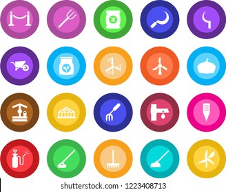 Round color solid flat icon set - fence vector, garden fork, farm, rake, wheelbarrow, well, hoe, sickle, plant label, pumpkin, greenhouse, sprayer, fertilizer, drip irrigation, windmill