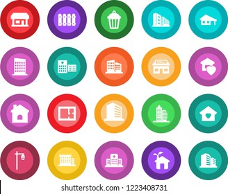 Round color solid flat icon set - office building vector, house, garden light, hospital, store, with garage, fence, plan, sweet home, city, eco