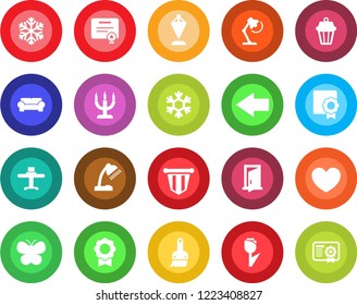 Round color solid flat icon set - left arrow vector, pennant, butterfly, heart, tulip, themes, sertificate, desk lamp, cushioned furniture, restaurant table, candle, snowflake, outdoor, door