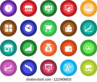 Round color solid flat icon set - shop vector, checkroom, growth statistic, money bag, crisis graph, store, monitor statistics, pie, hr, wallet, cart, presentation, storefront
