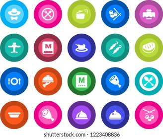 Round color solid flat icon set - spoon and fork vector, dish, restaurant table, cafe, menu, waiter, dress code, chicken, steak, kebab, ham, bowl, steaming pan, sushi