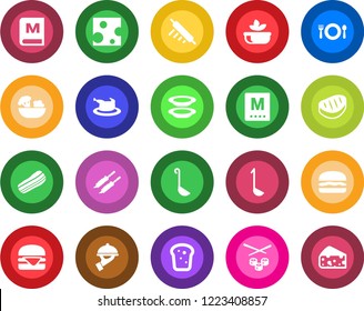 Round color solid flat icon set - cafe vector, menu, salad, plates, bacon, waiter, bread, chicken, steak, kebab, hamburger, ladle, rolling pin, sushi, cheese
