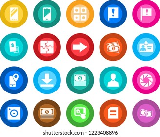 Round color solid flat icon set - right arrow vector, identity card, document, important flag, cash, mobile tracking, cell phone, camera, user, download, application, restaurant receipt