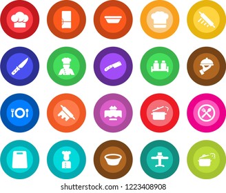 Round color solid flat icon set - fridge vector, cook, restaurant table, cafe, hat, waiter, salt and pepper, bowl, rolling pin, cutting board, knife, steaming pan