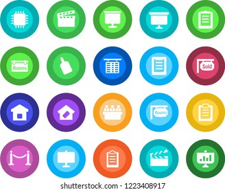 Round color solid flat icon set - fence vector, flight table, presentation board, meeting, clipboard, clapboard, rooms, sold signboard, smart home, cutting, chip