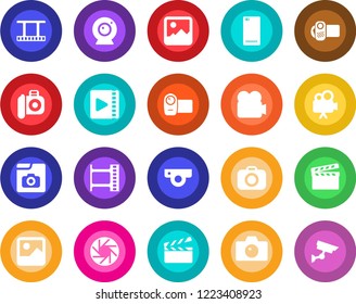 Round color solid flat icon set - camera vector, clapboard, film frame, video, phone back, mobile, gallery, photo, web, surveillance