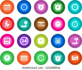 Round color solid flat icon set - 24 around vector, alarm clock, flight table, calendar, heavy scales, stopwatch, manager, schedule