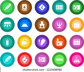 Round color solid flat icon set - fire vector, hose, fireplace, thermometer, heater, air conditioner, candle, water, smoke detector, radiator, warm floor